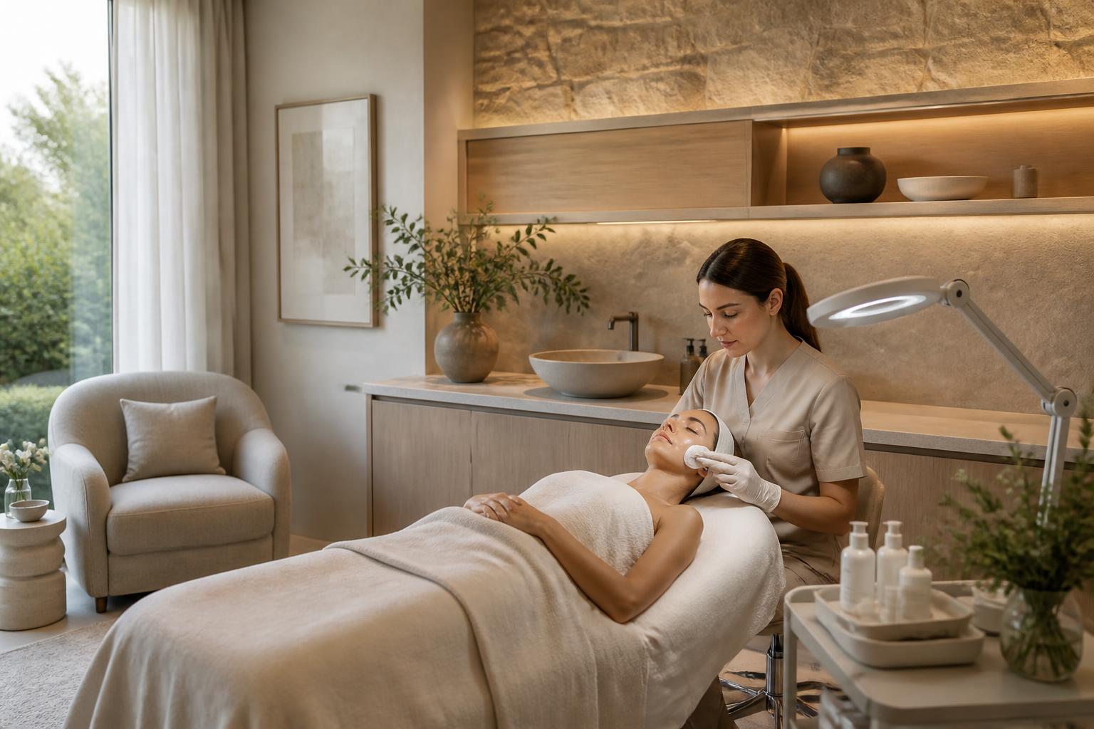 Serene medical spa treatment suite with warm neutral finishes and natural light.