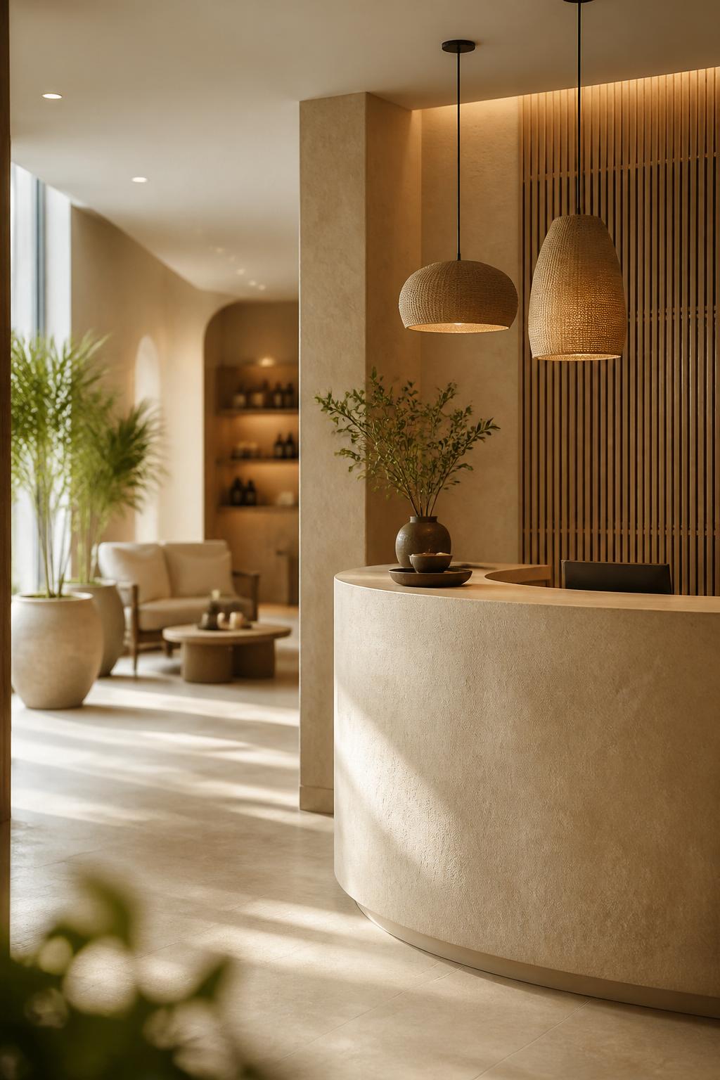 Elegant spa reception area with neutral materials, soft light, and subtle decor.